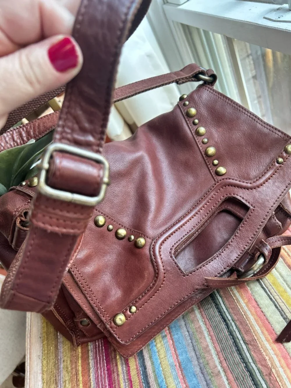 Lucky Brand Brown Leather Studded Foldover Shoulder Bag | Y2K Boho Rock Chic